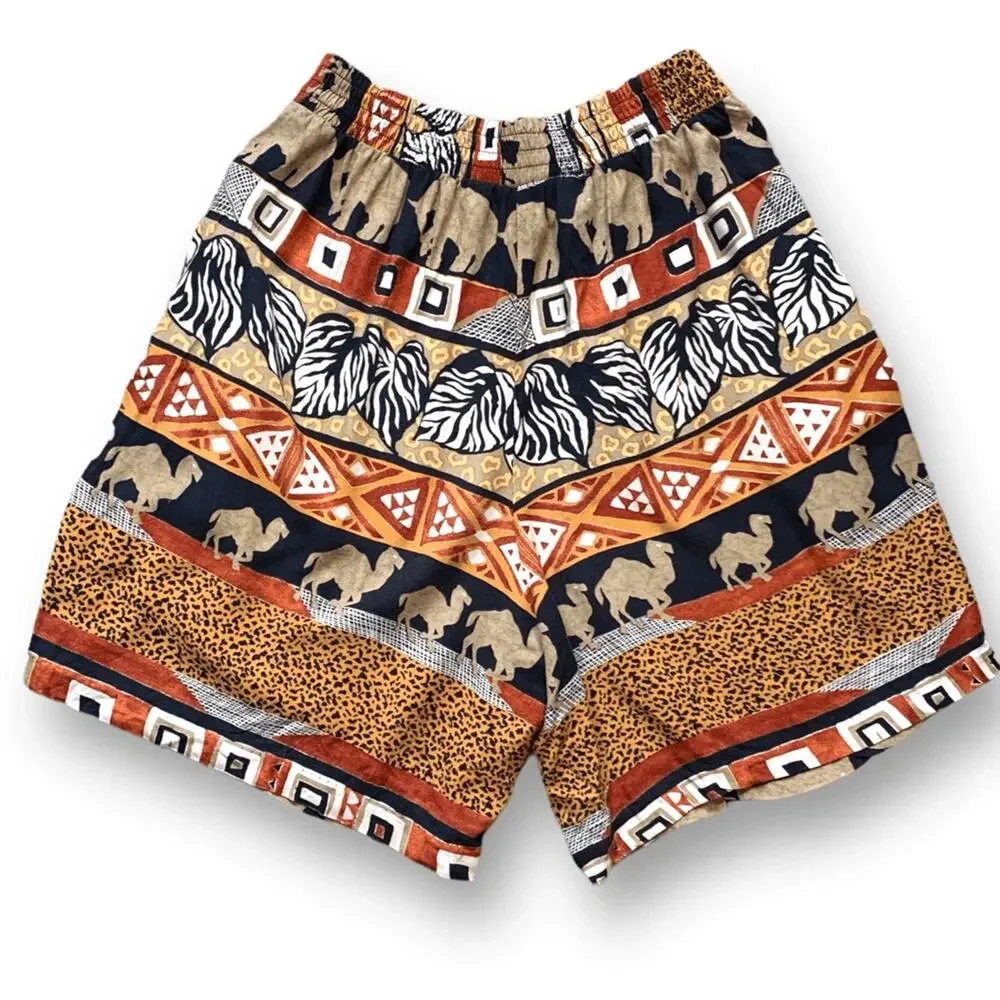Vintage Shorts High Waisted Baggy Boho Abstract Camel Animal Print Eclectic